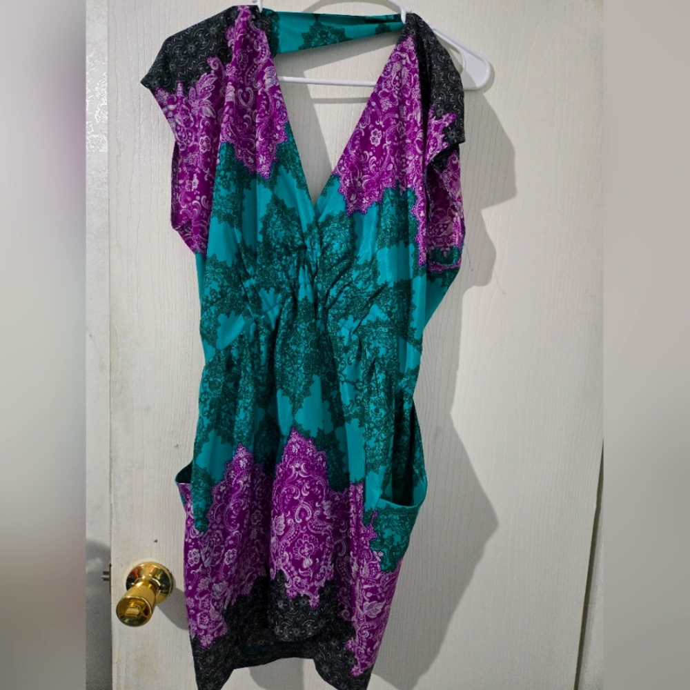Freshine Medium Purple and Teal Patterned Dress With Pocketa Lightweight